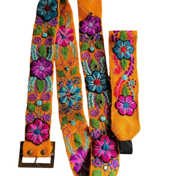 Peruvian Wool Woven Headband Belt Set Multicolor Floral Design - Picture 4 of 6